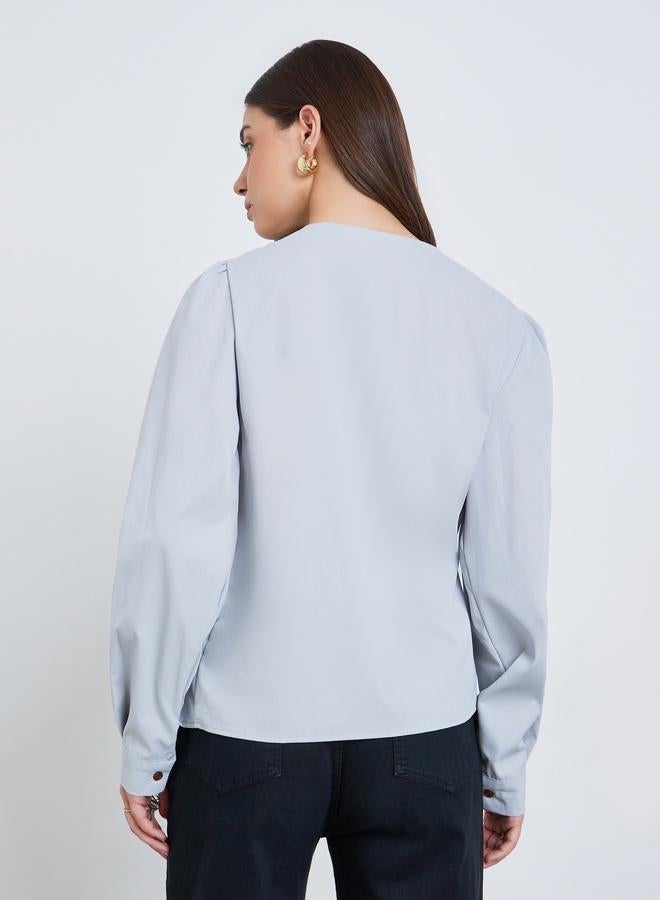 ستايلي بلوزة بنمط لف وأكمام بالون - Image 3